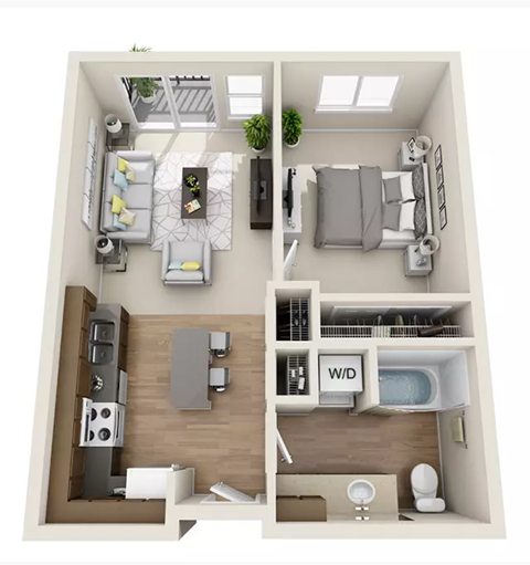 Floor plan for 1 bed, 1 bath, 595 sqft